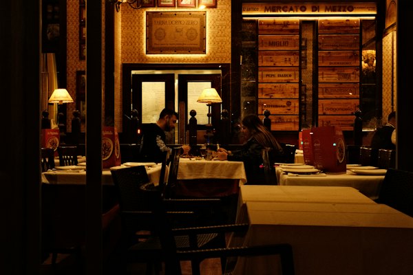 A softly lit restaurant in the evening