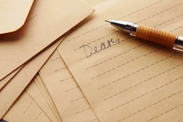A handwritten letter and envelopes with a pen