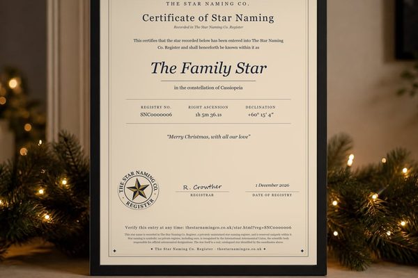 A Christmas star certificate, “The Family Star”, framed among fairy lights and pine
