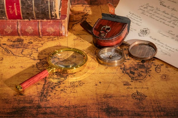 An old map with a magnifying glass, compass and leather pouch