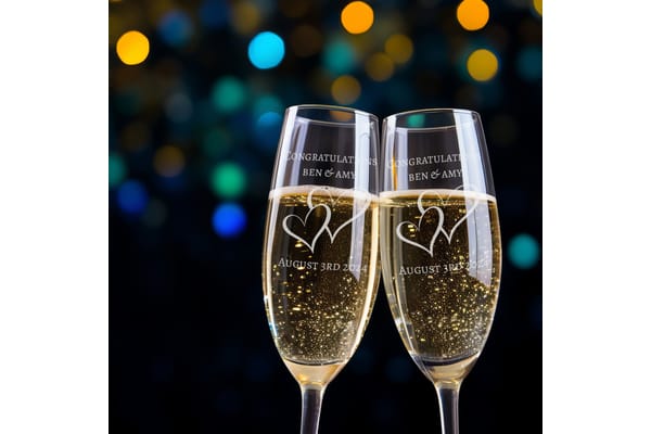 Heart Design Personalised Couples Pair of Champagne Flutes with fully personalised text from You Personalise