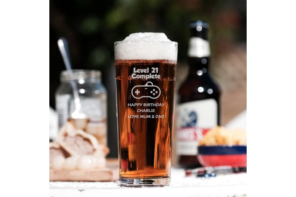 Level Complete Personalised Age and message Engraved Pint Glass from You Personalise