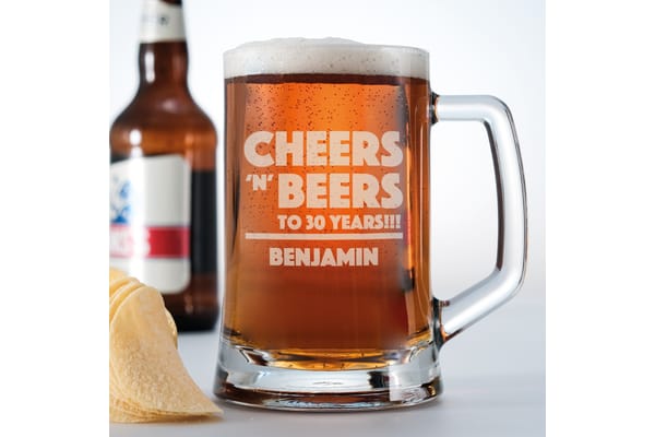 Personalised ANY age Birthday Tankard Glass Stein - With Cheers N Beers design from You Personalise