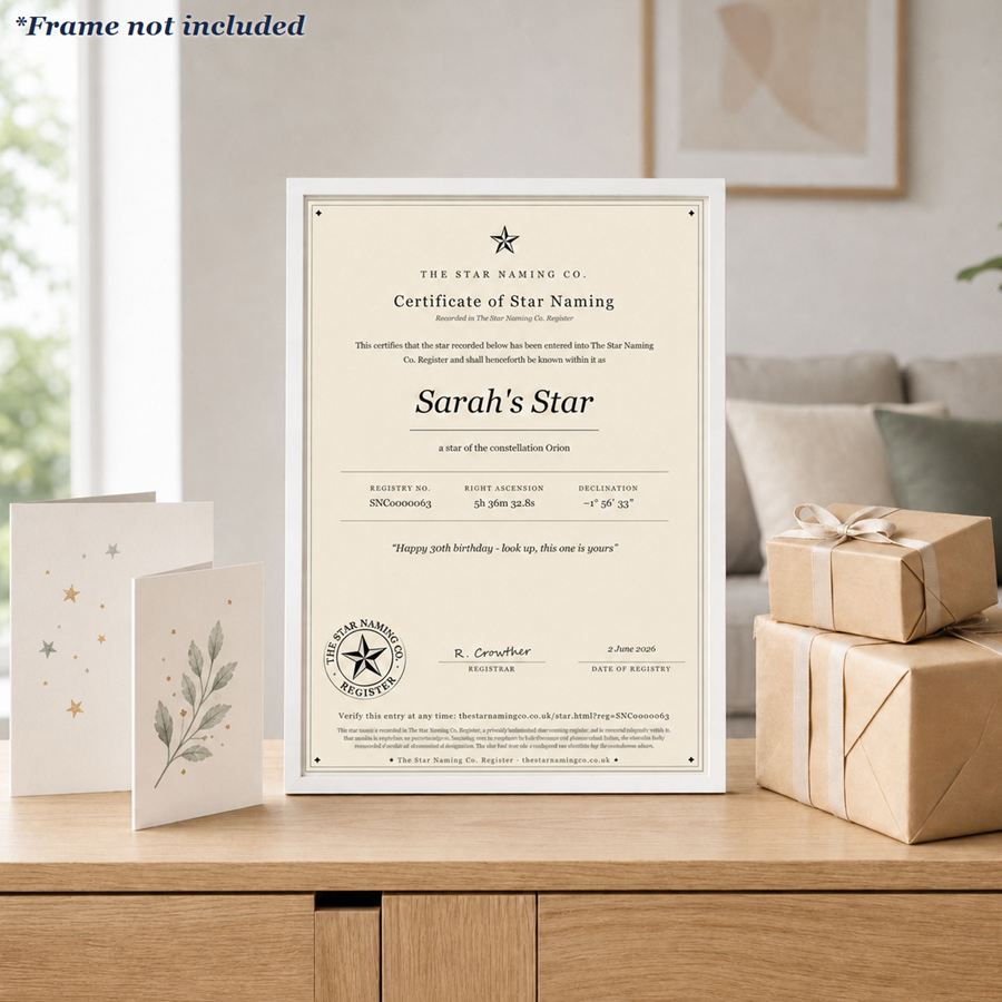 A star certificate, “Sarah’s Star”, framed beside wrapped presents and a card