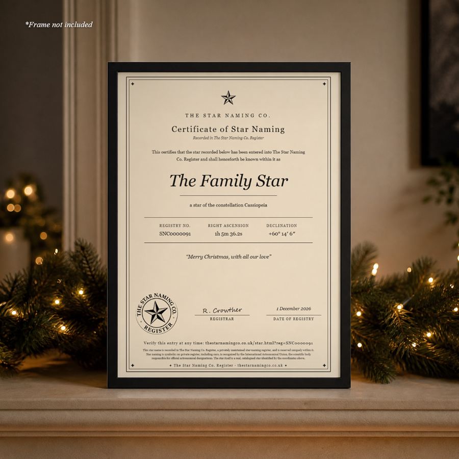 A Christmas star certificate, “The Family Star”, framed among fairy lights and pine