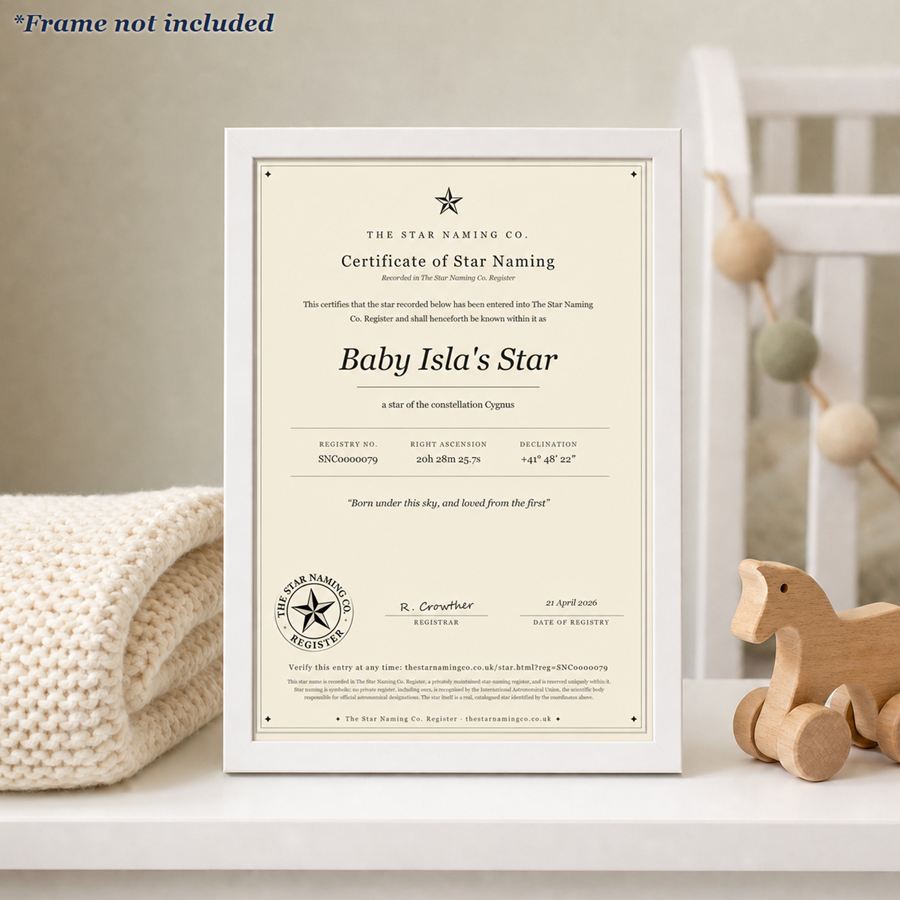 A new baby star certificate, “Baby Isla’s Star”, framed in a nursery